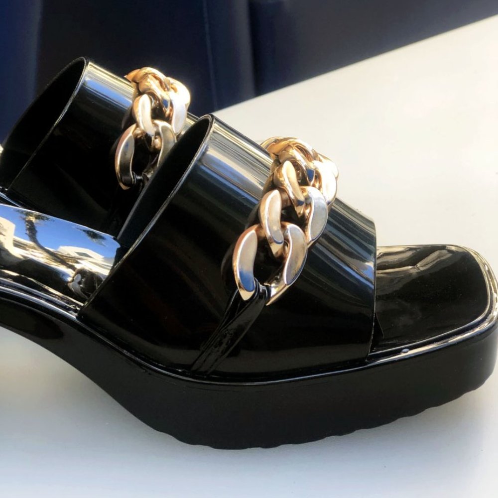 NEW Black Gold Chain Jelly Rubber Block Heel Platform Slip On Slides Sandals - Picture 8 of 10